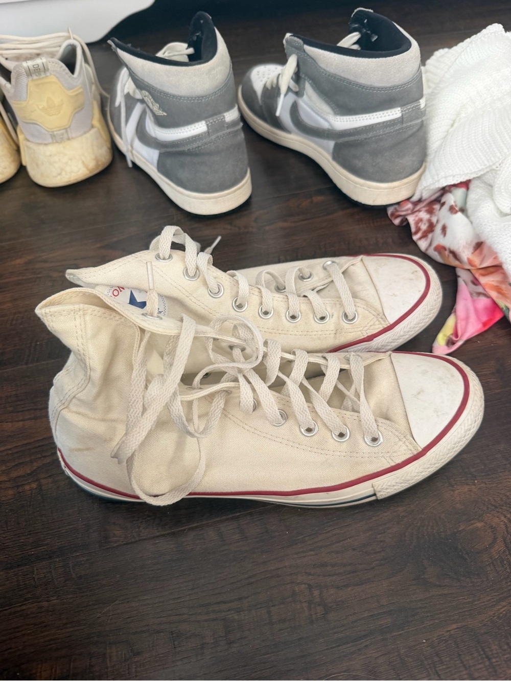 Converse White High-Top Canvas Sneakers with Red Stripe
